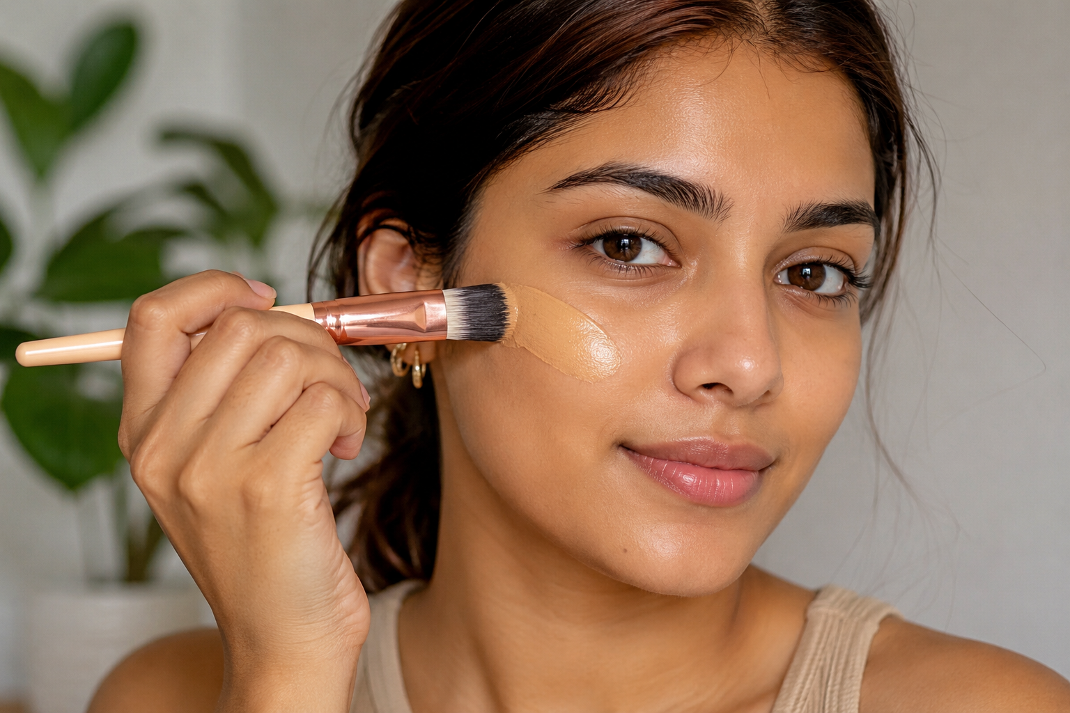 Woman applying skin tint for oily skin with natural matte finish