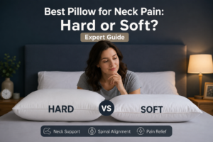 Woman comparing hard and soft pillows to find the best pillow for neck pain and proper neck support