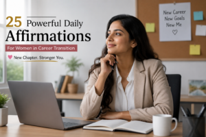 Daily affirmations for women in career transition working confidently in a modern office