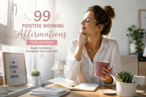 Daily affirmations for women featured image showing a confident woman practicing positive morning affirmations