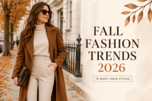 Stylish woman wearing trendy fall outfit showcasing Fall Fashion Trends 2026 with autumn coat, knitwear, and neutral colors.