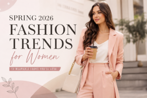 Spring 2026 fashion trends for women featuring a stylish woman wearing a pastel pink suit with modern spring outfit inspiration