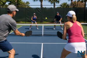 Pickleball rules doubles 2026 players demonstrating official serving and scoring during a doubles match