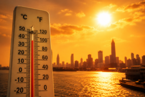 US Heat Wave 2026 with extreme temperatures and hot weather over a major US city skyline