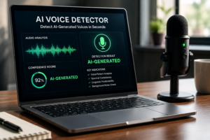 AI Voice Detector analyzing AI-generated voice waveform on a computer dashboard
