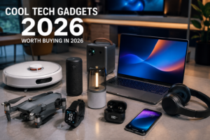 Cool Tech Gadgets 2026 featuring smart devices, laptop, smartwatch, wireless earbuds, drone, and modern home technology
