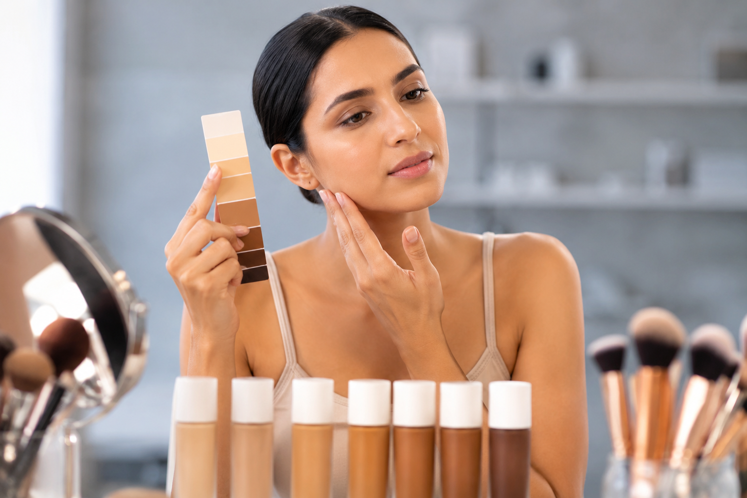 Woman matching Live Tinted foundation shade to her skin tone using makeup swatches